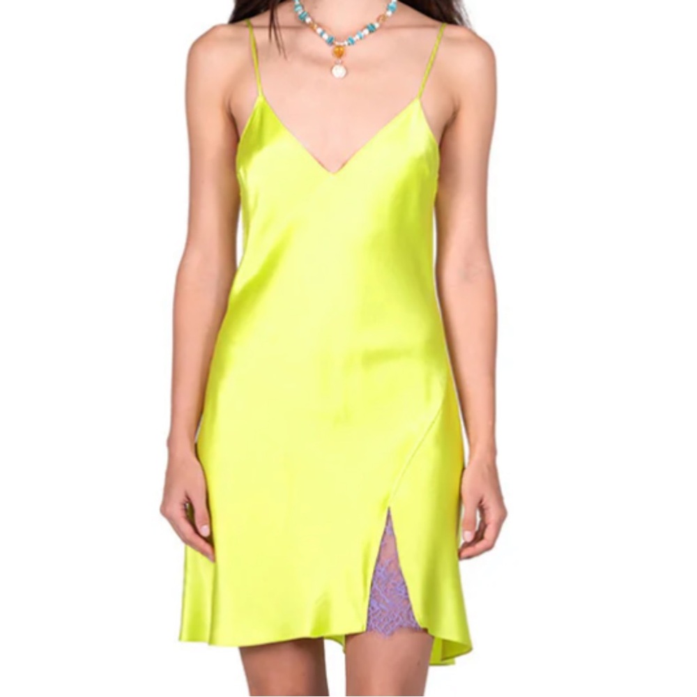 Dannijo NWT M CHARTREUSE MINI SLIP W/ LACE GODET DRESS GREEN W PURPLE SILK